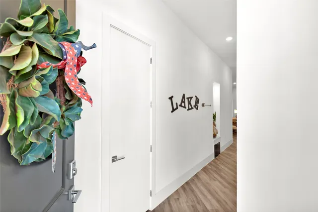a view of a hallway with painted walls