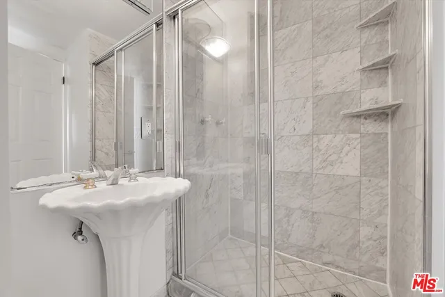 a lobby with a chandelier