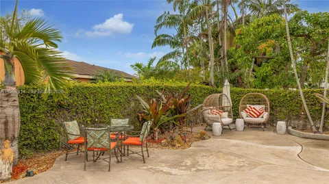 a backyard of a house with table and chairs