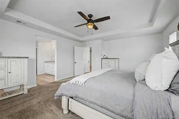 a bedroom with a bed and a ceiling fan