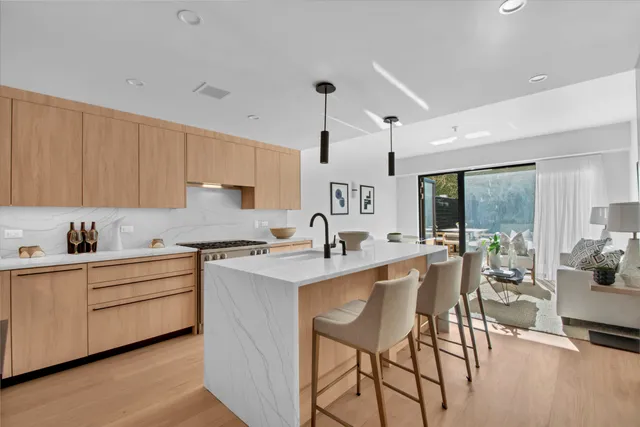 a living room with furniture and a potted plant