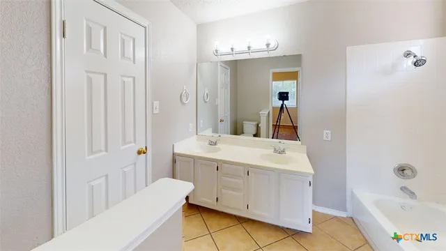 a bathroom with a sink a tub and a mirror