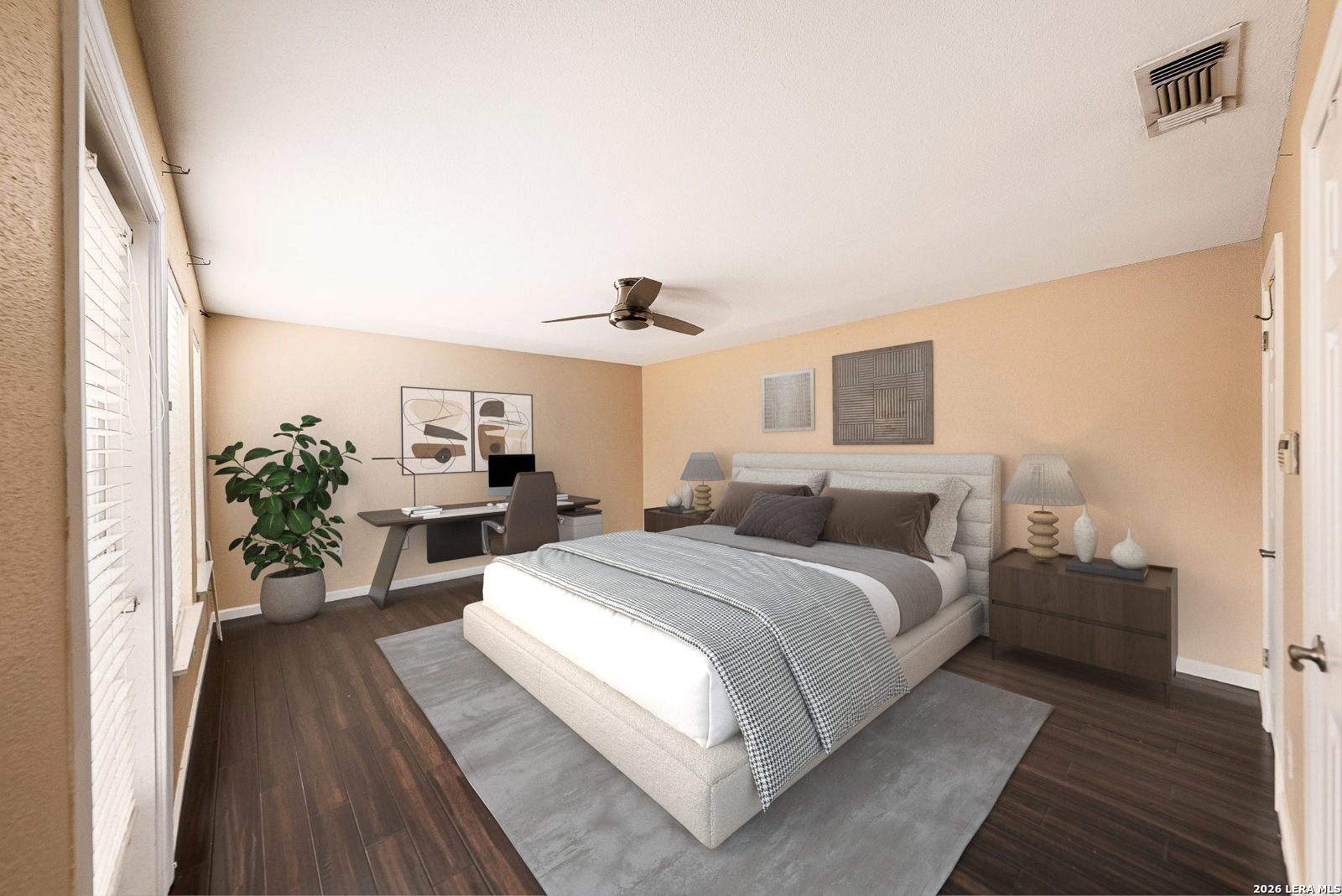 7711 Callaghan Road, Unit 805 San Antonio, TX 78229 - Photo 19 of 33 a spacious bedroom with a bed and a potted plant