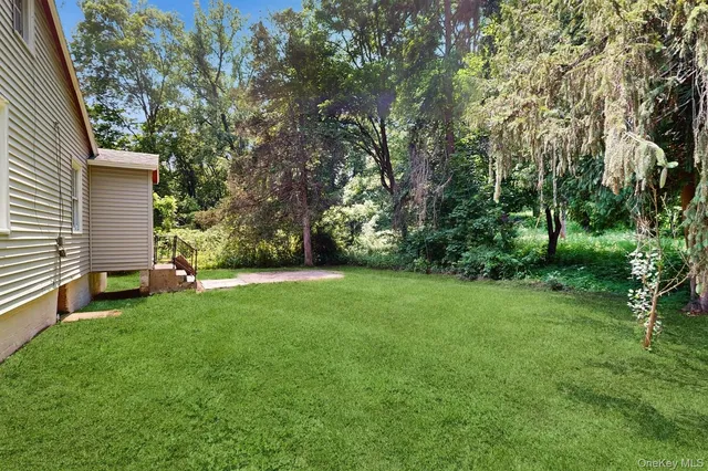 a view of a backyard with large trees