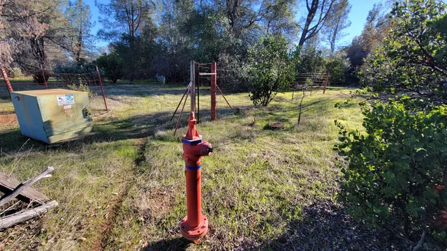 a view of a backyard with a fountain