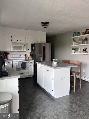 a kitchen with kitchen island a stove a sink and a refrigerator
