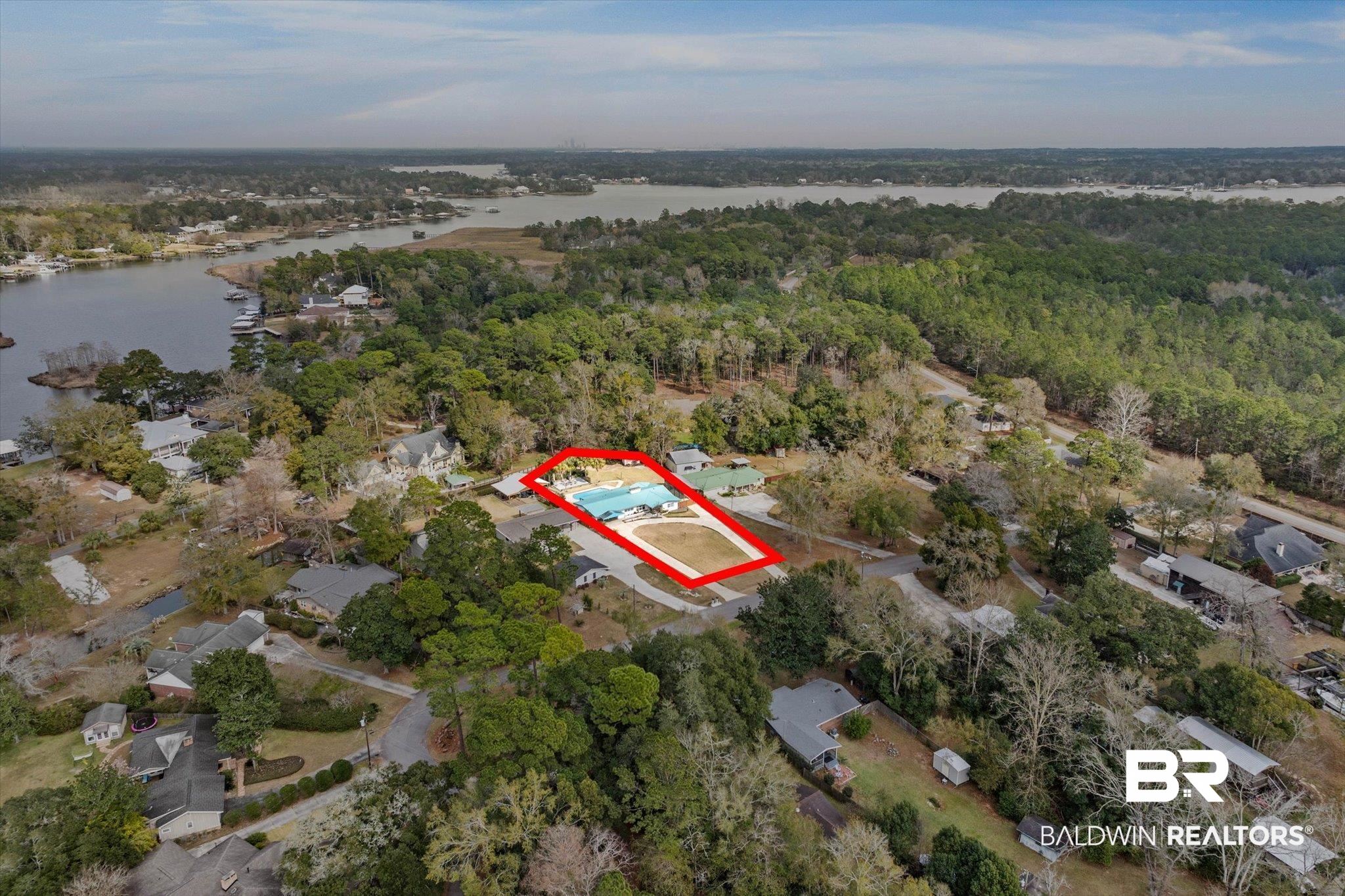 3720 Rabbit Creek Court Theodore, AL 36582 - Photo 39 of 47 Aerial view of property's location featuring property boundaries highlighted and a nearby body of water