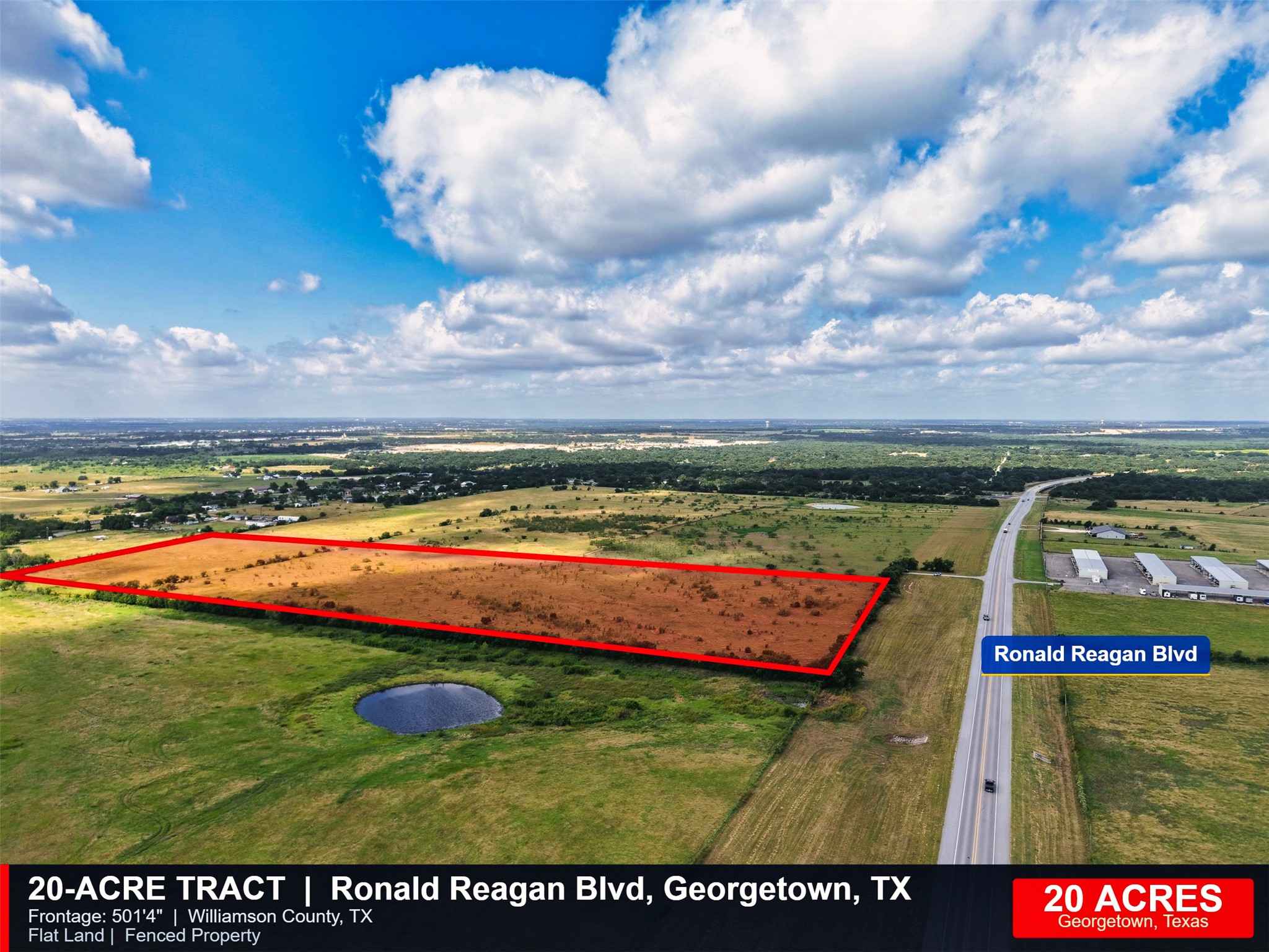 Tbd Ronald Reagan Boulevard Georgetown, TX 78633 - Photo 10 of 12 A vast 20-acre tract of flat land, partially fenced, with direct access to Ronald Reagan Boulevard.