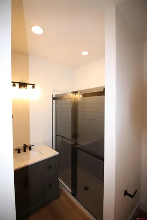 a bathroom with a shower sink and mirror