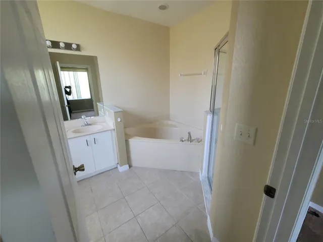 a bathroom with a sink a mirror and a bathtub