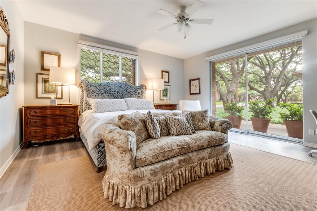 6306 Bandera Avenue, Unit B Dallas, TX 75225 - Photo 8 of 14 Spacious bedroom featuring wood-finish flooring, a ceiling fan, and large windows with transom above