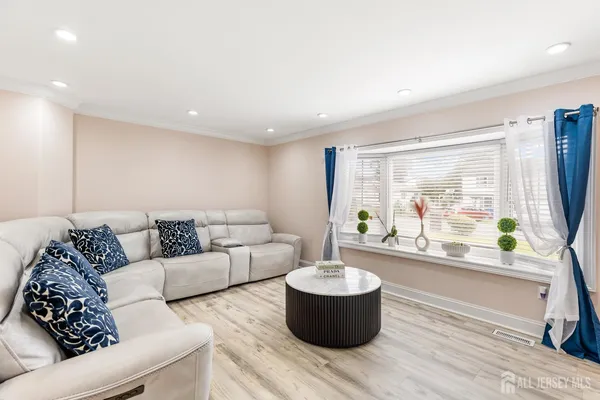 a living room with furniture and a potted plant
