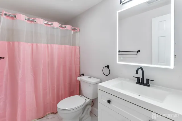 a bathroom with a sink a toilet and a mirror