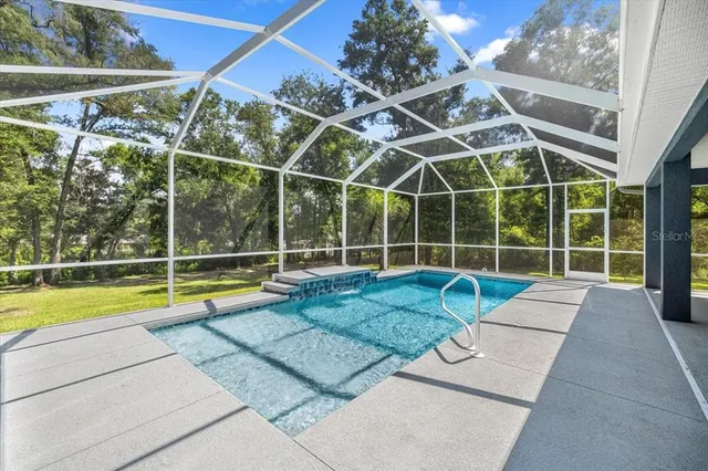 a view of a swimming pool with a yard and potted plants