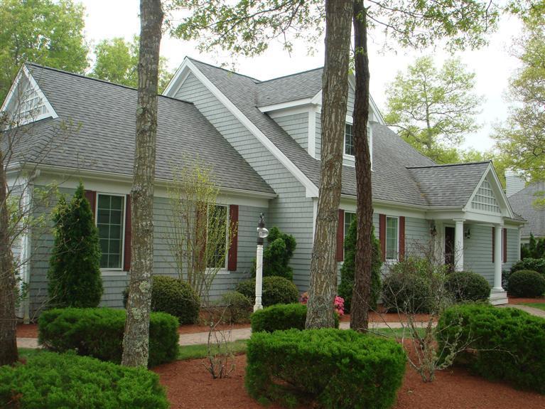 a front view of a house with a yard and green space