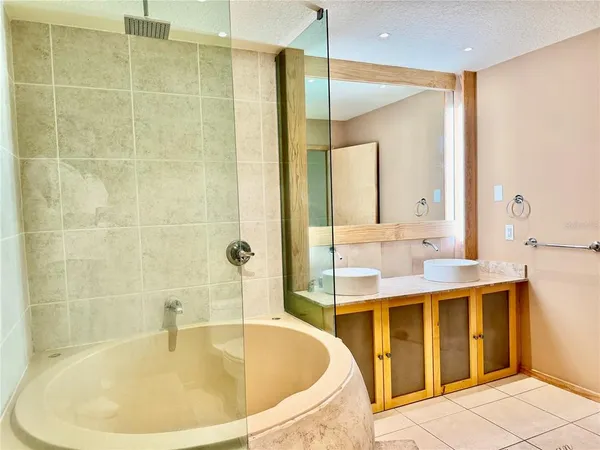 a bathroom with a tub a sink and a mirror