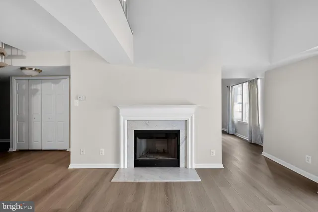 wooden floor fireplace and natural light in room