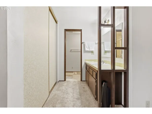 a bathroom with a sink vanity and a mirror