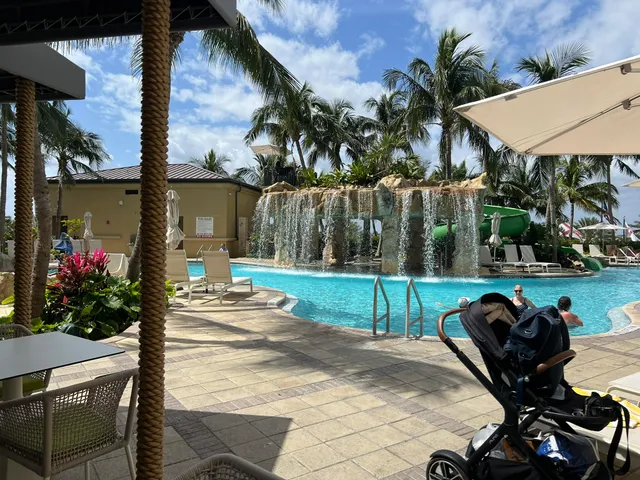 a view of a patio with table and chairs potted plants and palm tree