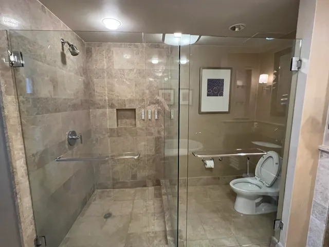 a bathroom with a toilet and a shower