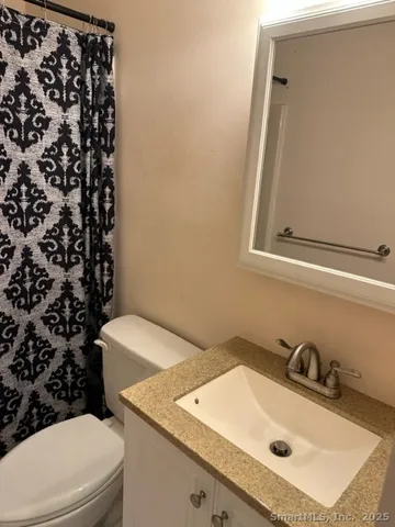 a bathroom with a sink toilet and mirror