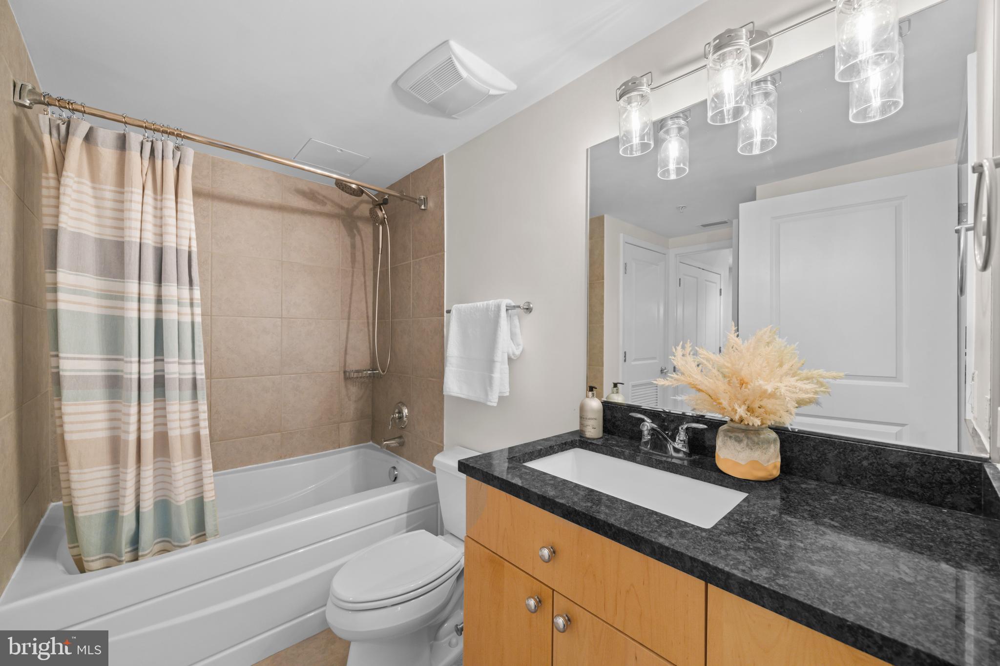 820 North Pollard Street, Unit 307 Arlington, VA 22203 - Photo 19 of 29 a bathroom with a granite countertop sink a toilet and shower