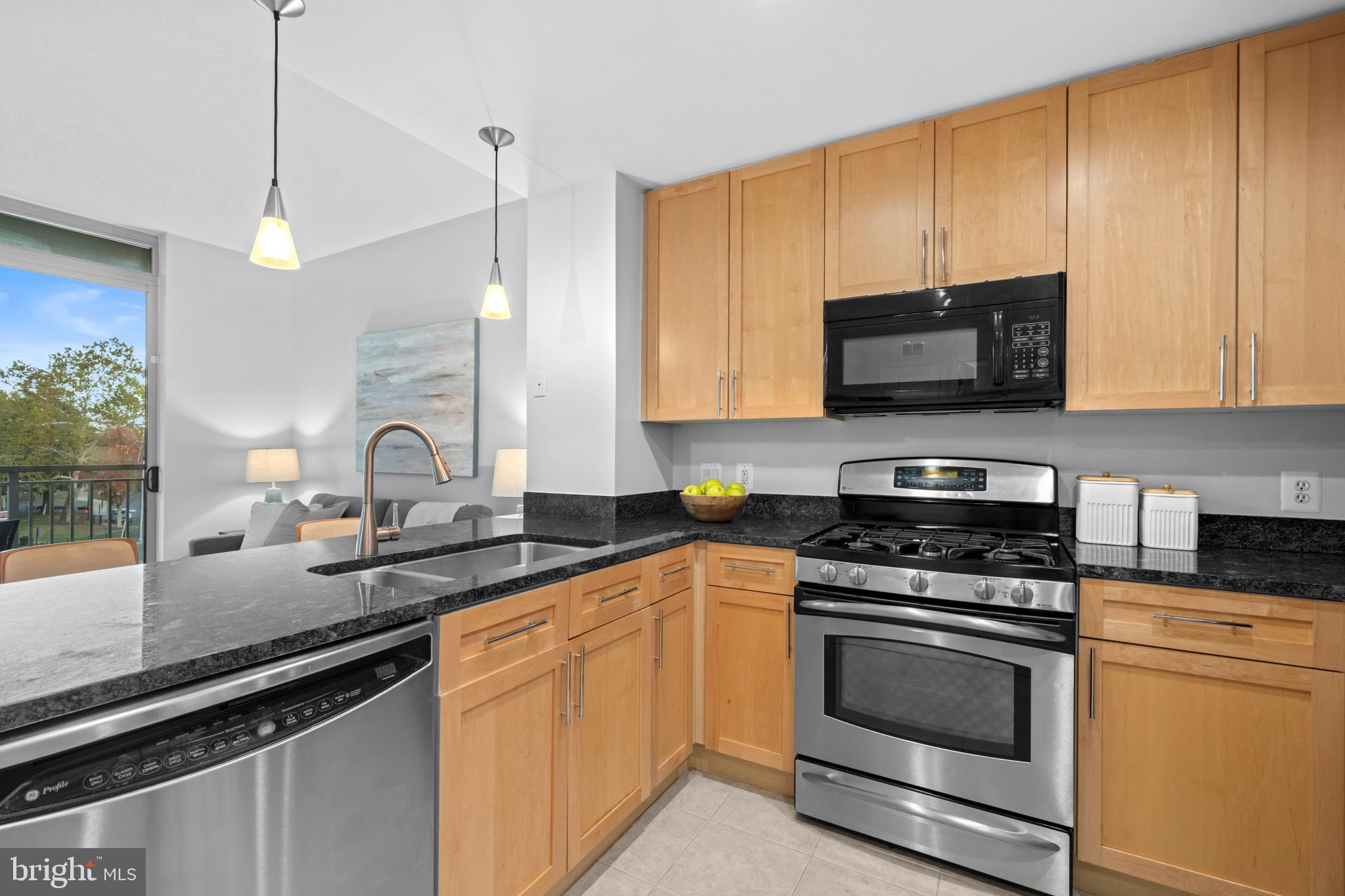 820 North Pollard Street, Unit 307 Arlington, VA 22203 - Photo 6 of 29 a kitchen with stainless steel appliances granite countertop a sink stove and microwave
