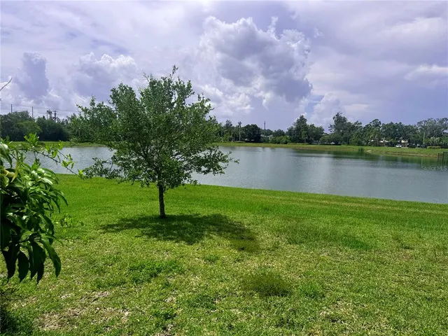a view of a lake with a city in the back
