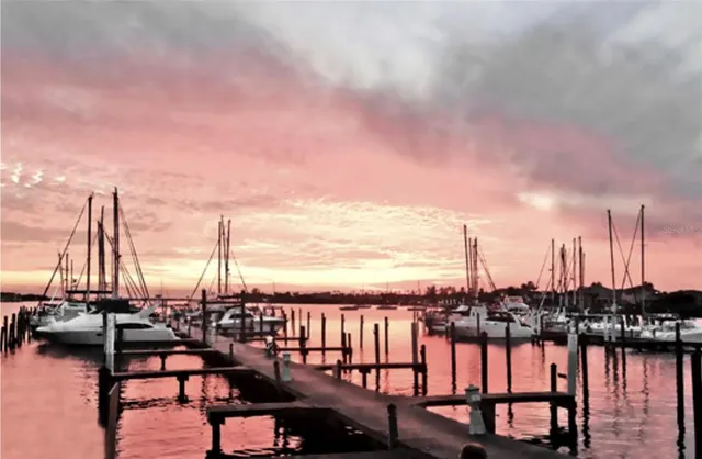 a view of a swimming pool with a table and chairs under an umbrella