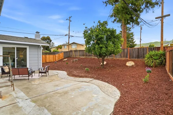 a view of a backyard with table and chairs potted plants and palm tree