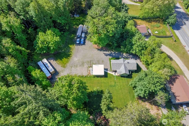 a view of a city with lush green forest