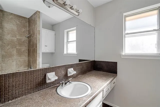 a bathroom with a sink and a mirror