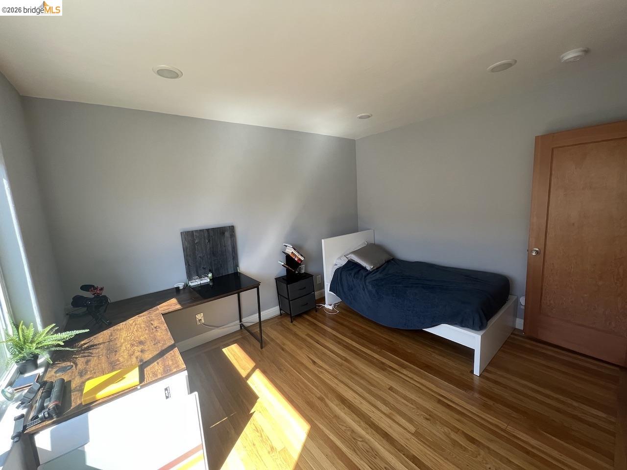 a living room with a bed furniture and a potted plant