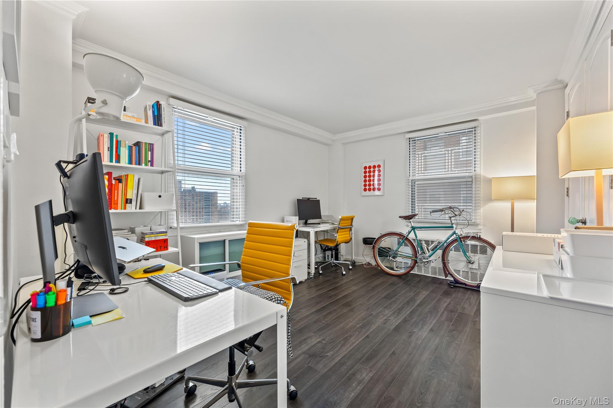 61-15 97th Street, Unit 10A Queens, NY 11374 - Photo 8 of 21 Office area featuring ornamental molding and dark wood-style floors