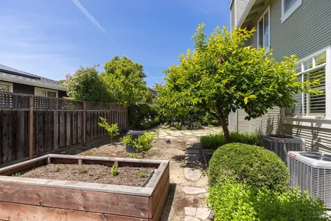a view of a house with backyard and a tree