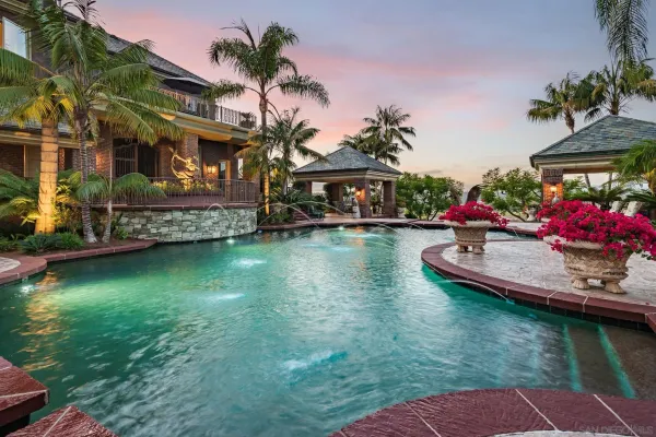 a view of swimming pool with lawn chairs and plants