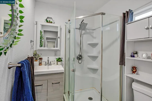 a bathroom with a sink vanity and a shower