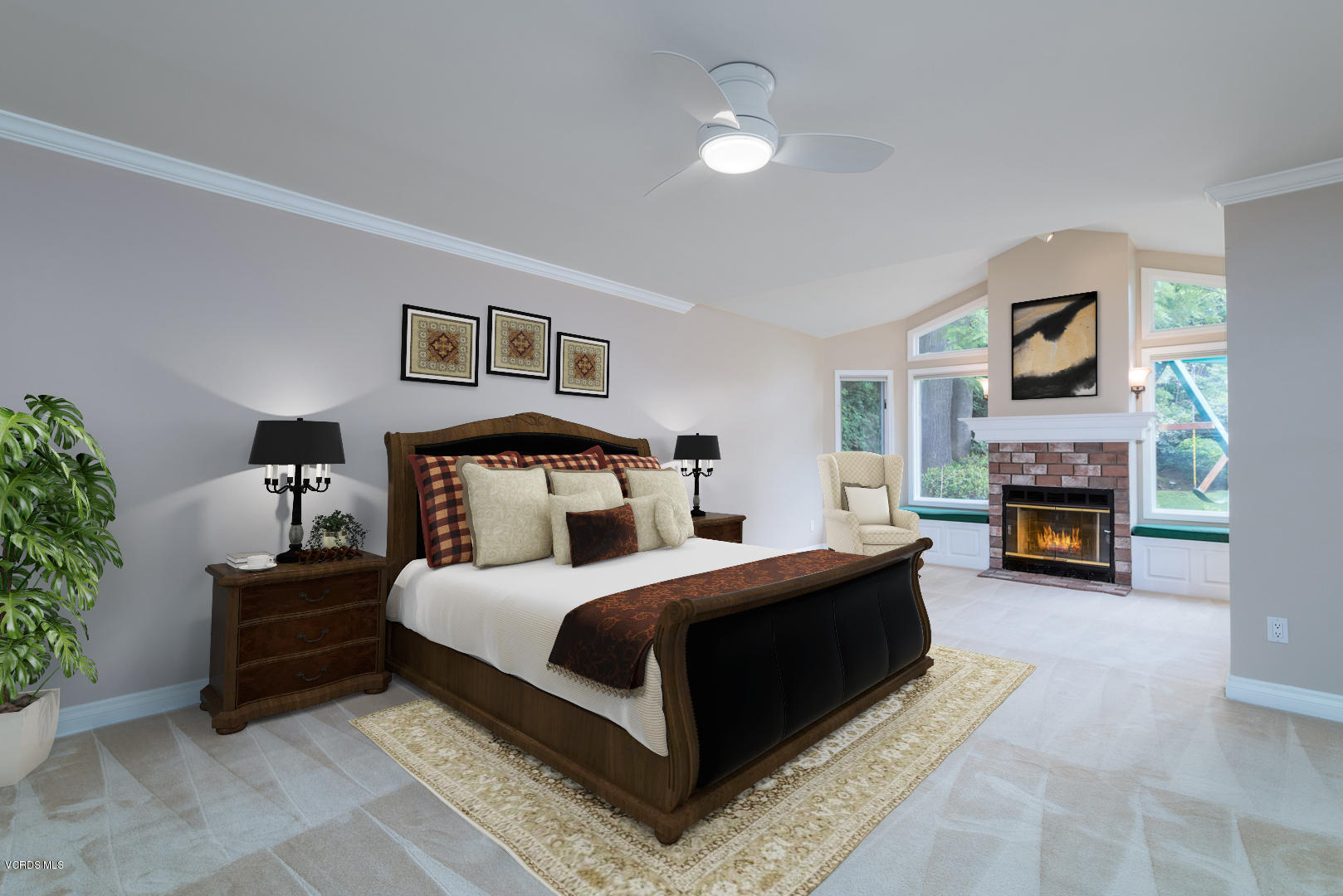 18932 Olympia Street Porter Ranch, CA 91326 - Photo 25 of 39 a bedroom with a bed lamp and fireplace