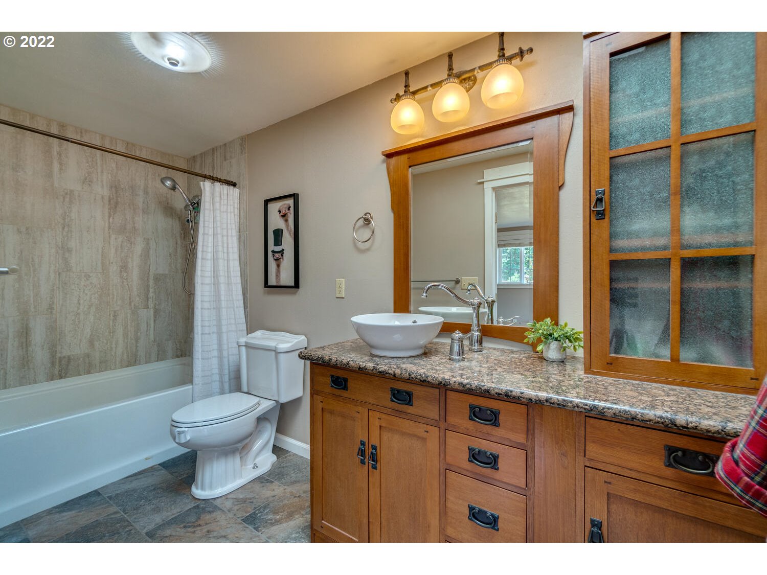12751 Dupee Valley Road Sheridan, OR 97378 - Photo 17 of 32 a bathroom with a granite countertop sink toilet mirror and shower