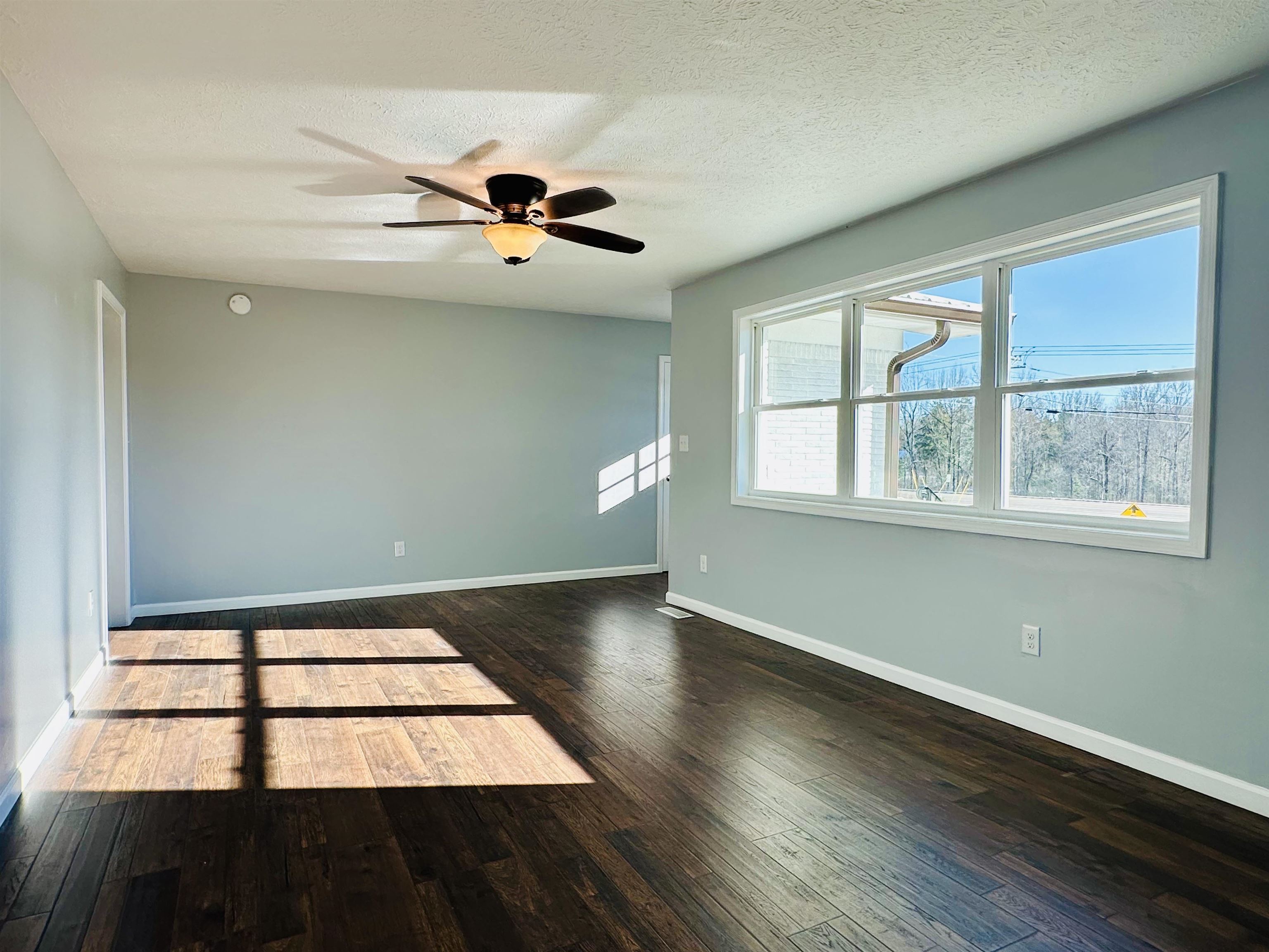 2317 Higginbottom Road Selmer, TN 38375 - Photo 4 of 20 Unfurnished room with a textured ceiling, ceiling fan, dark wood-style flooring, and baseboards