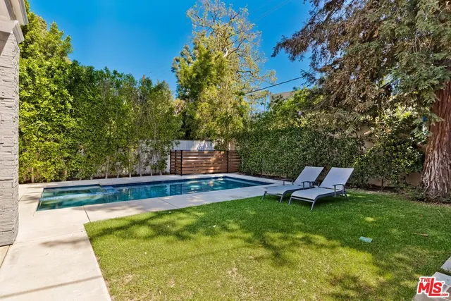 a view of swimming pool with lounge chair and dinning table under an umbrella