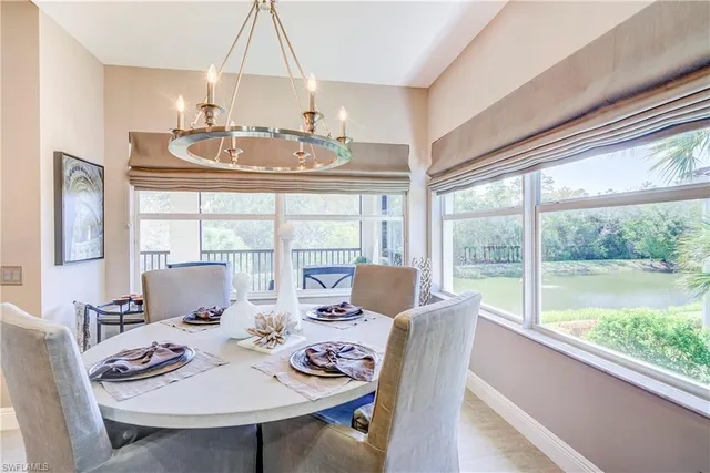 a view of a dining room with furniture window and outside view
