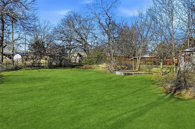 a view of a park with large trees