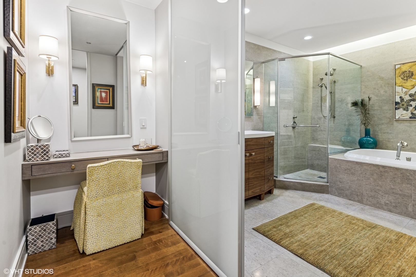 401 North Wabash Avenue, Unit 54E Chicago, IL 60611 - Photo 17 of 29 a bathroom with a granite countertop sink and a mirror