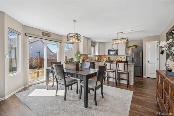 a view of a dining room with furniture window and wooden floor