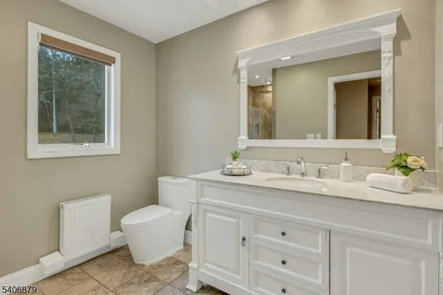 a bathroom with a toilet a sink a vanity and mirror