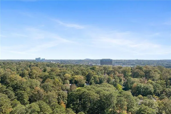 an aerial view of houses covered in trees