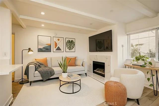 a living room with furniture a flat screen tv and a fireplace