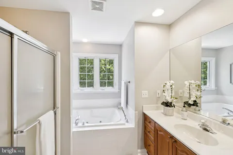a bathroom with a tub sink and mirror