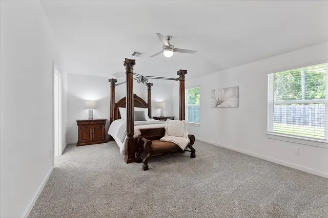 a bedroom with furniture and a window